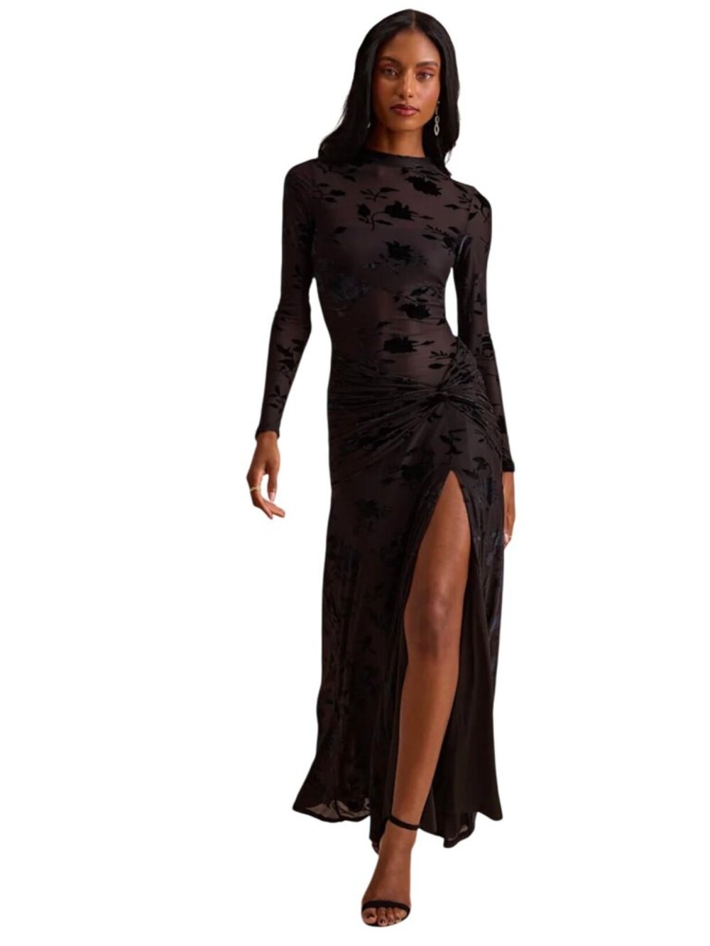 Lulus Charlize Sheer Mesh Velvet Burnout Maxi Dress Sz SM Witchy Whimsigoth Goth
